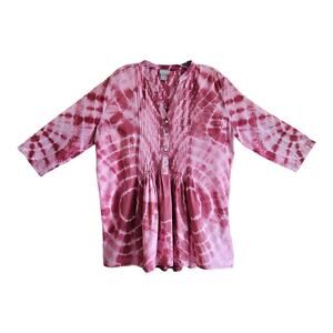 CHICO'S 2 Women 12 14 Tunic Top Tie Dye Pink Burgundy Pintuck Pleats Cotton 40"